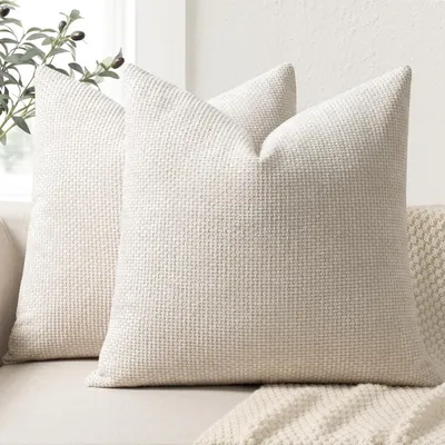 Produktbild von Set mit 2 Kissenbezügen 50x50 cm, beige Chenille-Dekokissen, weiche Kissenbezüge für Sofa, Bett und Wohnzimmer, Heimdekoration, Dekokissenbezüge