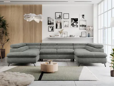 Produktbild von Ecksofa, Universelles, Schlaffunktion, Bettkasten, U-förmig, einstellbare Kopfstützen, Bettsofa - PETER U - Struktur - Grau
