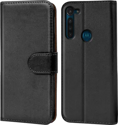 A black flip case for a smartphone is shown from two angles.