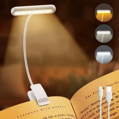 Produktbild von Weiß Leselampe mit Buch Klemme, Tragbares Bett klemmleuchte Buchlampe Klemmlampe USB-C Wiederaufladbar 3 Farben 10 Geschwindigkeit Dimmen Clip Lampe