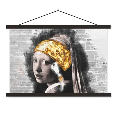 Produktbild von MuchoWow® Textilposter Das Mädchen mit dem Perlenohrring - Vermeer - Collage 60x40 cm mit schwarzem Rahmen - Hölzernes