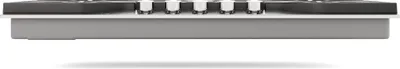 A close-up side view of a gas cooktop.