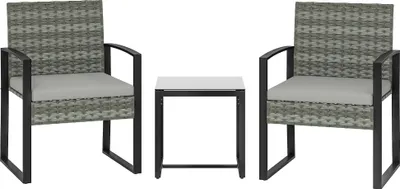 Image de Ensemble bistrot en rotin, ensemble de meubles de jardin 3 pièces avec 2 chaises de jardin, table basse, coussins amovibles gris clair