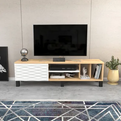 Zdjęcie produktu dla Skye Decor, Olyo - Sapphire, White, stolik pod telewizor, Sapphire, 100% MELAMINE COATED SLIPBOARD, 140 x 35 x 40,3 cm