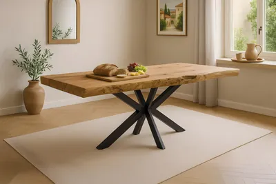 Produktbild von Esstisch Baumkante 300 x 100 cm Teakholz massiv Spider-Gestell schwarz KINAN