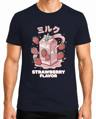 Obrázok produktu pre Tričko s potlačou "Japonské mlieko s príchuťou jahody", štýl "kawaii", s odkazmi na Japonsko, éru Y2K a manga, modrá farba, veľkosť S