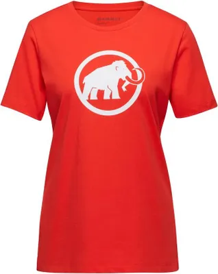 Rotes Mammut Core T-Shirt für Damen mit rundem Ausschnitt und weißem Mammut-Logo auf der Brust