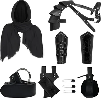 A collection of medieval-themed costume accessories laid out on a white background.
