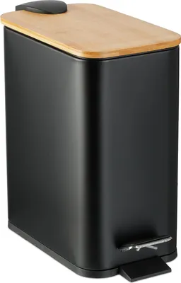 Produktbild von Relaxdays Mülleimer Bad, 5 Liter, entnehmbarer Inneneimer, Kosmetikeimer, Metall, Badmülleimer mit Bambusdeckel, schwarz