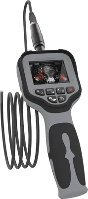 A digital inspection camera with a flexible gooseneck cable and a small display screen showing an engine.