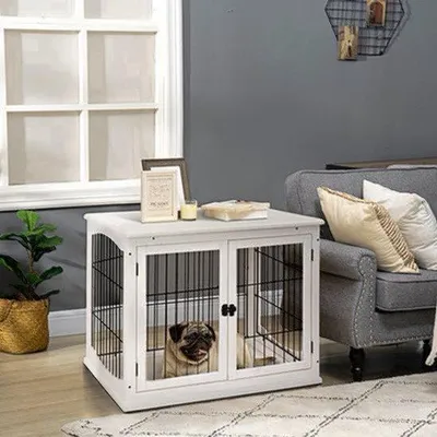 Produktbild von Hundehütte für den Innenbereich - 81 x 58,5 x 66 cm - MDF und Metall - Weiß - Für kleine und mittelgroße Hunde