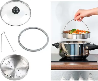 A collage of images showing a pressure cooker accessory set and a pressure cooker in use.