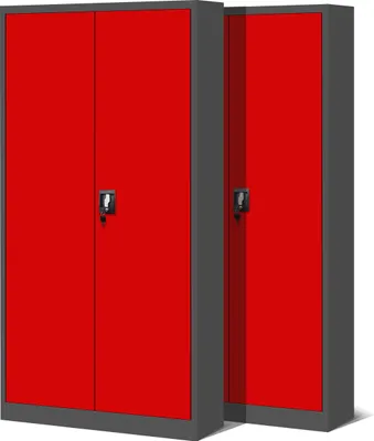 Two red metal cabinets with gray frames are shown side-by-side against a white background.