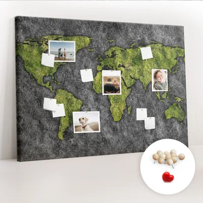 Imagen del producto de Tablero de corcho con chinchetas – Tablero con chinchetas para fotografías y notas – 140x100 cm – 100 chinchetas de madera – Mapa del mundo