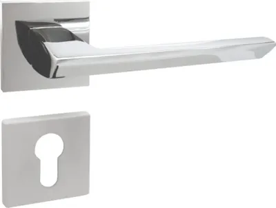 A chrome door handle and escutcheon plate are shown against a white background.
