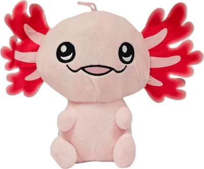 A pink axolotl plush toy with red gills.