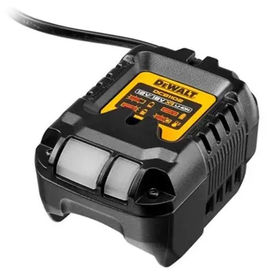 A DeWalt battery charger is shown from a diagonal angle.
