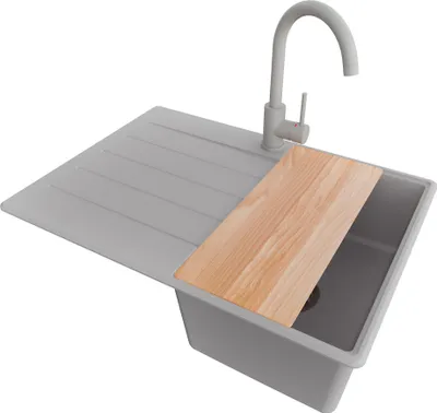 Produktbild von PRIMAGRAN Granitspüle Grau 70x50cm, Spülbecken 1 Becken + Küchenarmatur 32x20cm + Ablauf-Set + Schneidebrett, Küchenspüle ab 40er Unterschrank - Kopenhagen
