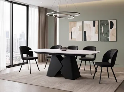 Produktbild von Rechteckiger Esstisch Ausziehbar – Verlängerbar bis 290 cm – 200 x 90 cm XXL Esszimmertisch mit Schwarzem Metallgestell – für 10-14 Personen – Weiß