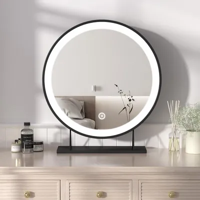 Zdjęcie produktu dla Heilmetz lusterko do makijażu z oświetleniem Φ48cm Czarne lusterko kosmetyczne LED Lusterko stołowe 3 kolory światła Ciepła biel/Neutralna/Zimna biel(Możliwość ściemniania 3000-6500K)Dotykowe