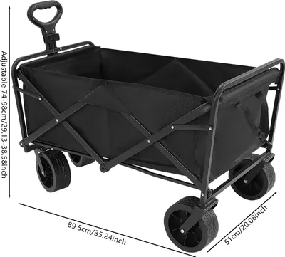 Image de Remorque de camping Bollerwagen - Chariot de transport - Capacité de charge de 115 kg - Timon réglable - 4 roues de 20 cm - 89,5 x 51 cm - Noir