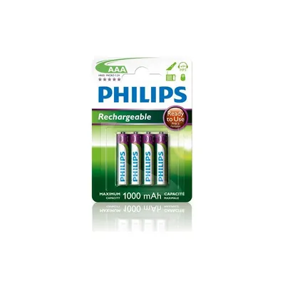 A package of four Philips AAA rechargeable batteries.