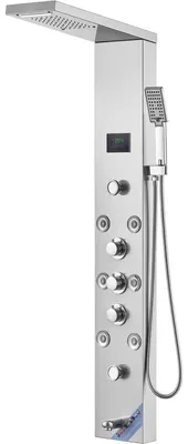 Image de Système de panneaux de douche VEVOR, 6 modes de douche, LED et écran Tour de douche hydroélectrique, cascade, chute d'eau, 8 buses de massage, bec de baignoire, douchette, kit de douche mural en acier inoxydable