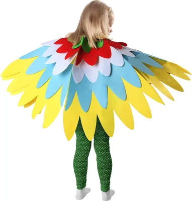 A child wearing a colorful parrot costume with large wings.