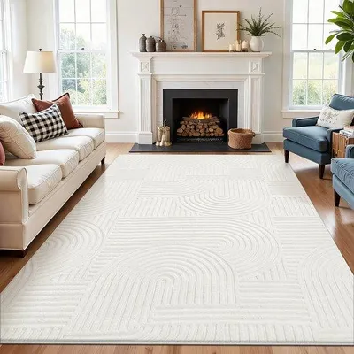 Imagen del producto de Alfombra moderna de pelo bajo con efecto 3D, color crema – 100% poliéster, lavable y antideslizante, ideal para salones y dormitorios