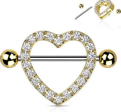 Produktbild von viva-adorno Brustpiercing Herz Zirkonia Nippelpiercing Brustwarzenpiercing Shield Schild Kristall Herzen Z197 Gold