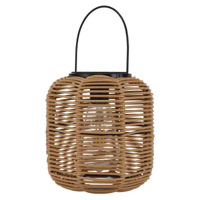 A rattan solar lantern with a black handle and a clear glass bulb inside, set against a white background.