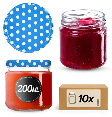 Imagen del producto de KADAX, frascos de vidrio de 200 ml, juego de 10 unidades, con tapa, diseño "Guisantes azules"