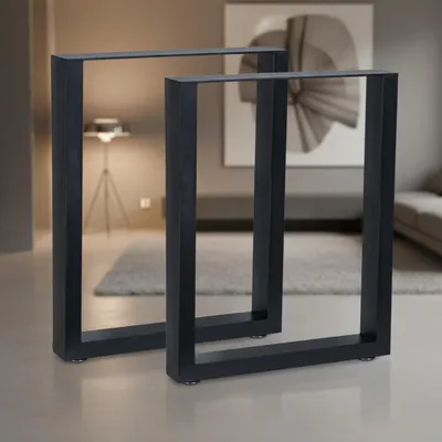 Two black metal table legs are shown in a modern living room setting.