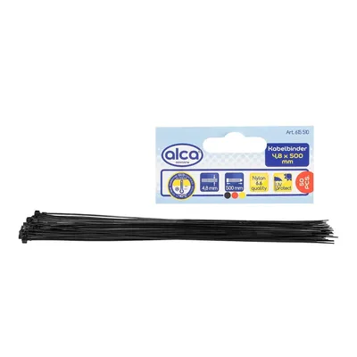 Obrázok produktu pre alca® káblové pásky 4,8*500 mm 50 ks čierne 22 kg pevnosť v ťahu odolné voči UV žiareniu pre vnútorné a vonkajšie upevnenie káblov nylon odolný voči teplote