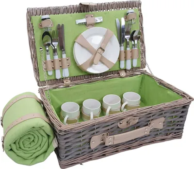 Zdjęcie produktu dla Zestaw koszy piknikowych HWC-B24 dla 4 osób, kosz wiklinowy, porcelanowa stal nierdzewna ~ szaro-zielony