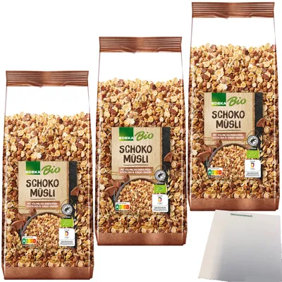 Produktbild von Edeka Schoko Müsli mit Vollmilchschokoladenstückchen und Kakao-Nips 3er Pack (3x750g Packung) + usy Block