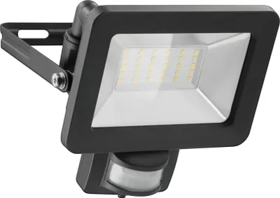 A black LED floodlight with a motion sensor, shown from a slightly angled front view against a white background.