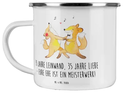 Produktbild von Mr. & Mrs. Panda Emaille Tasse 35. Hochzeitstag Leinwandhochzeit - Weiß - Geschenk, Haferl, Blechtasse, Meilenstein, Becher, Hochzeit, Heirat, Jubiläumsspruch, Teetasse