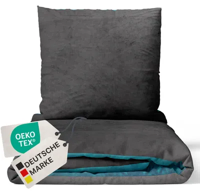 Produktbild von NYVI Winter Bettwäsche Set DreamScience Cashmere Touch 155x220 + 80x80 cm Anthrazit Petrol - Kuschelweich & Wärmend - Mit Reißverschluss,  , für Allergiker geeignet