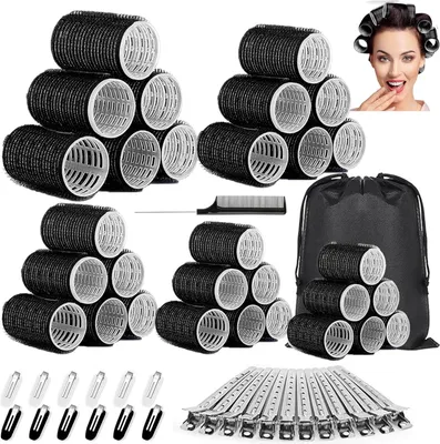 Produktbild von 56-teiliges Lockenwickler-Set mit Aufbewahrungstasche und Edelstahlklammern, 5 Größen, selbsthaftende Haarwickler ohne Hitze für lange, mittellange, kurze und kleine Haare (Schwarz)