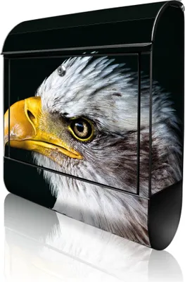 Produktbild von banjado Design Briefkasten Stahl schwarz mit Zeitungsfach pulverbeschichtet "Weißkopfseeadler" 38x46x12,5cm & 2 Schlüssel - Postkasten A4 Einwurf inkl. Montagematerial [BKSCH 12986]