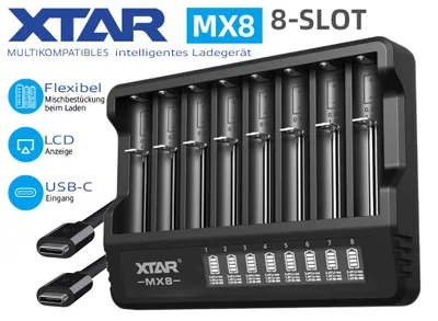 Image de Xtar MX8 – Chargeur universel pour batteries rechargeables 1,5 V ; 3,6 - 3,7 V Li-Ion et 1,2 V Ni-MH