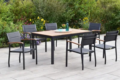 Produktbild von Merxx Gartenmöbel Set Paxos 7tlg., 6 Stapelsessel, Tisch 150 x 90 cm- Aluminium/Textil/Akazie