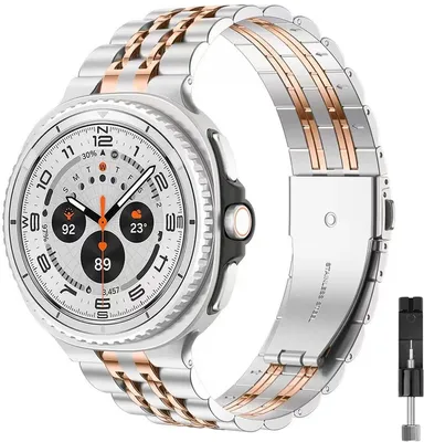 Produktbild von FFO2World 7-reihiges Edelstahl-Gliederarmband für Samsung Galaxy Watch 8 (40/44 mm) & Watch 8 Classic 46 mm – Inkl. Kürzungsset – Silber / Roségold