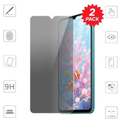 A privacy screen protector for a smartphone is shown on a phone with a colorful coral reef background.