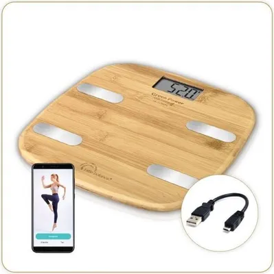 Imagen del producto de Little Balance Fitdays Connect Bambou, báscula digital personal, capacidad de 150 kg, madera, unidades: kg, kg/lb, lb, forma cuadrada, pantalla LCD