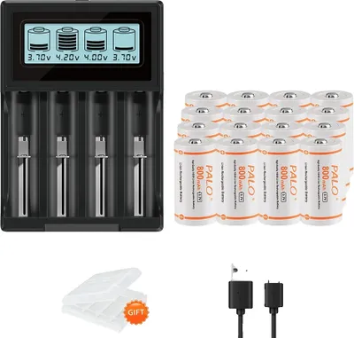 Zdjęcie produktu dla Akumulator PALO 16340, pojemność 800 mAh, napięcie 3,7 V, 16 sztuk i 1 ładowarka