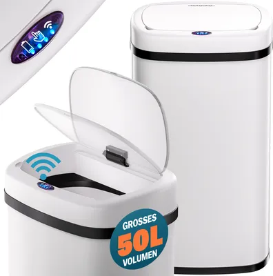 Produktbild von MONZANA® Mülleimer mit Sensor Küche 50L Edelstahl Automatik Deckel Klemmring inkl. USB-Kabel Abfalleimer Groß Papierkorb LED Anzeige, Farbe:weiß