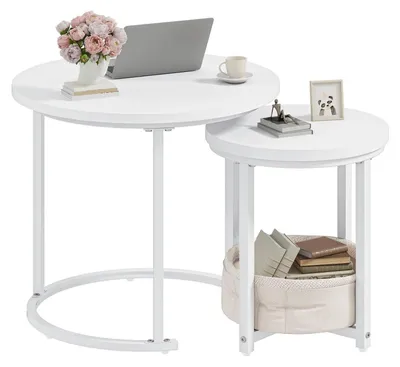 Immagine prodotto di Set di 2 tavolini rotondi, impilabili, in legno e metallo, color bianco