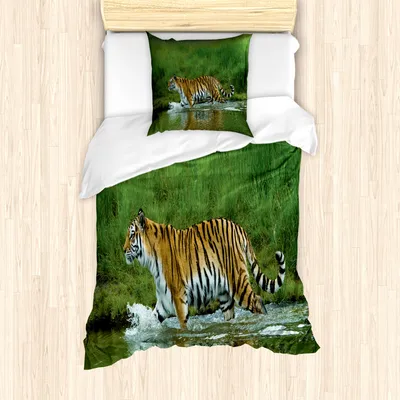 Produktbild von ABAKUHAUS Safari Mantele, Sibirischer Tiger Panthera, Milbensicher Allergiker geeignet mit Kissenbezügen, 135 cm x 200 cm - 80 x 80 cm, Aprikose Grün